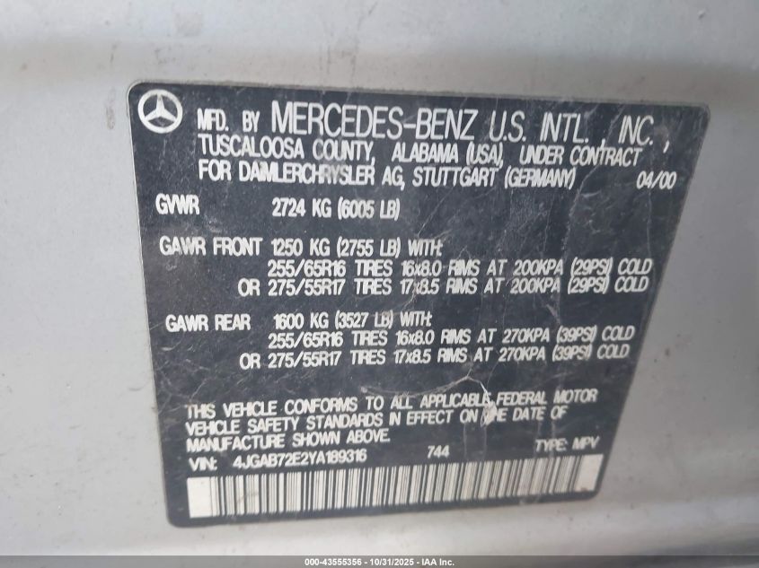 2000 Mercedes-Benz Ml 430 VIN: 4JGAB72E2YA189316 Lot: 43555356