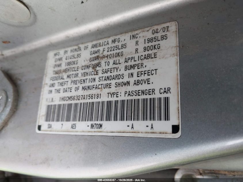 2007 Honda Accord 2.4 Se VIN: 1HGCM56327A156191 Lot: 43555357