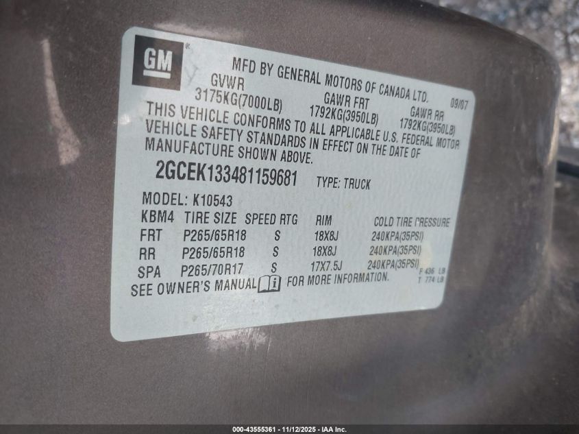 2008 Chevrolet Silverado 1500 Lt2 VIN: 2GCEK133481159681 Lot: 43555361