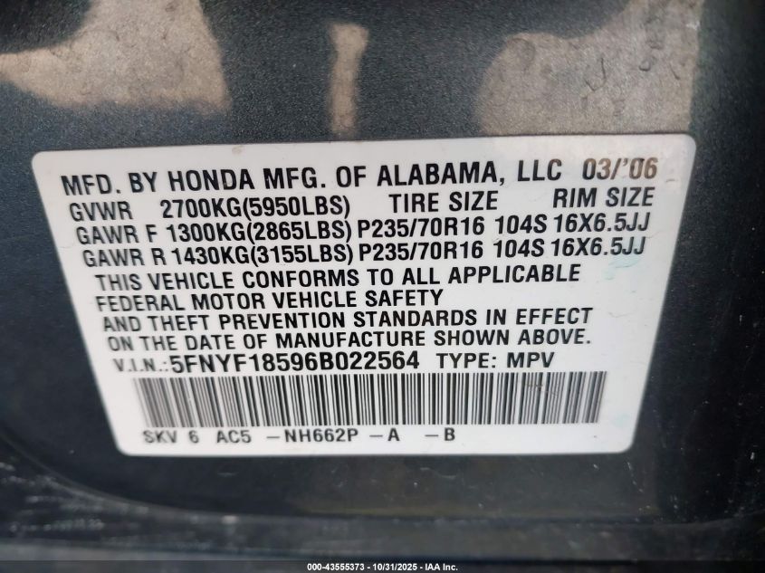 2006 Honda Pilot Ex-L VIN: 5FNYF18596B022564 Lot: 43555373