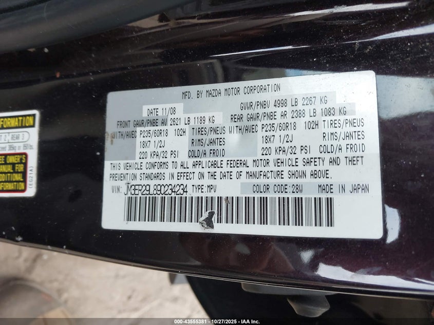 2009 Mazda Cx-7 Sport VIN: JM3ER29L890234234 Lot: 43555381