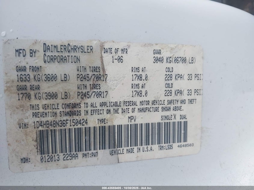 2006 Dodge Durango Slt VIN: 1D4HB48N36F150424 Lot: 43555405