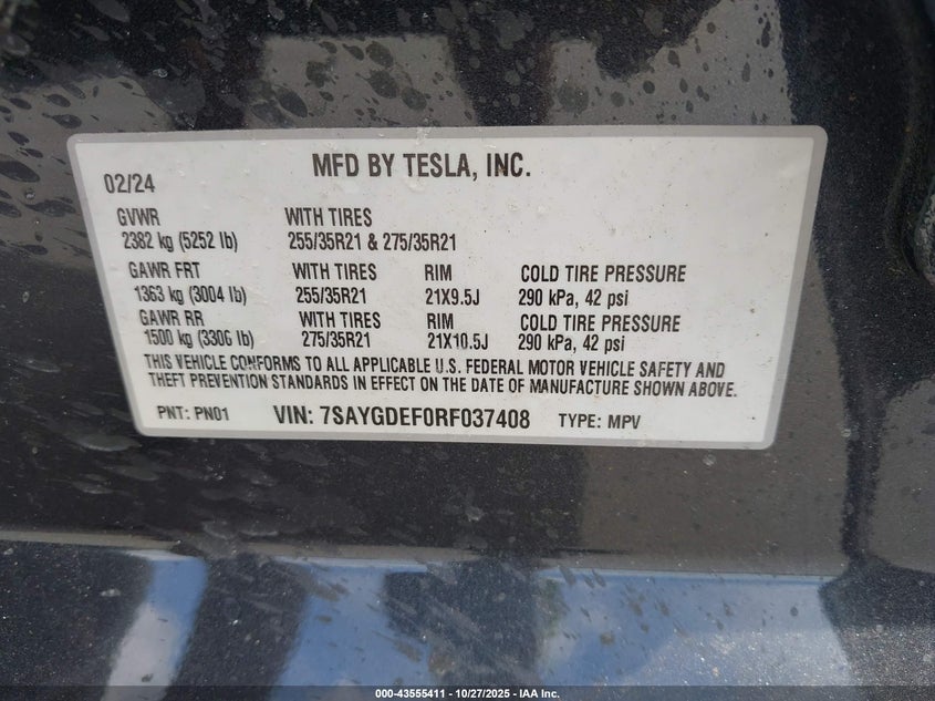 2024 Tesla Model Y Performance Dual Motor All-Wheel Drive VIN: 7SAYGDEF0RF037408 Lot: 43555411