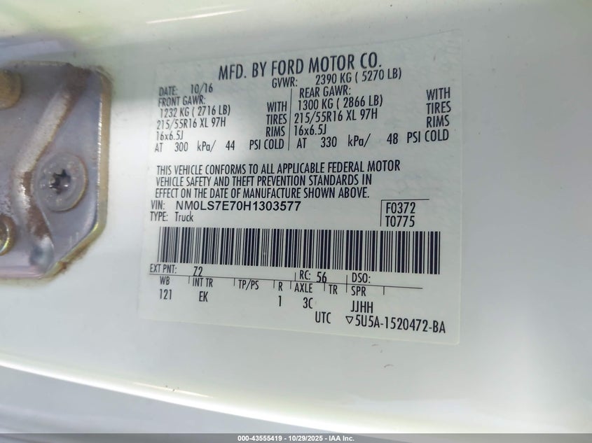 2017 Ford Transit Connect Xl VIN: NM0LS7E70H1303577 Lot: 43555419