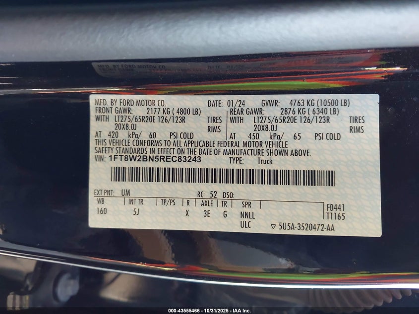 2024 Ford F-250 Lariat VIN: 1FT8W2BN5REC83243 Lot: 43555466