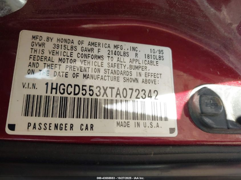 1996 Honda Accord Lx/Ex VIN: 1HGCD553XTA072342 Lot: 43555553