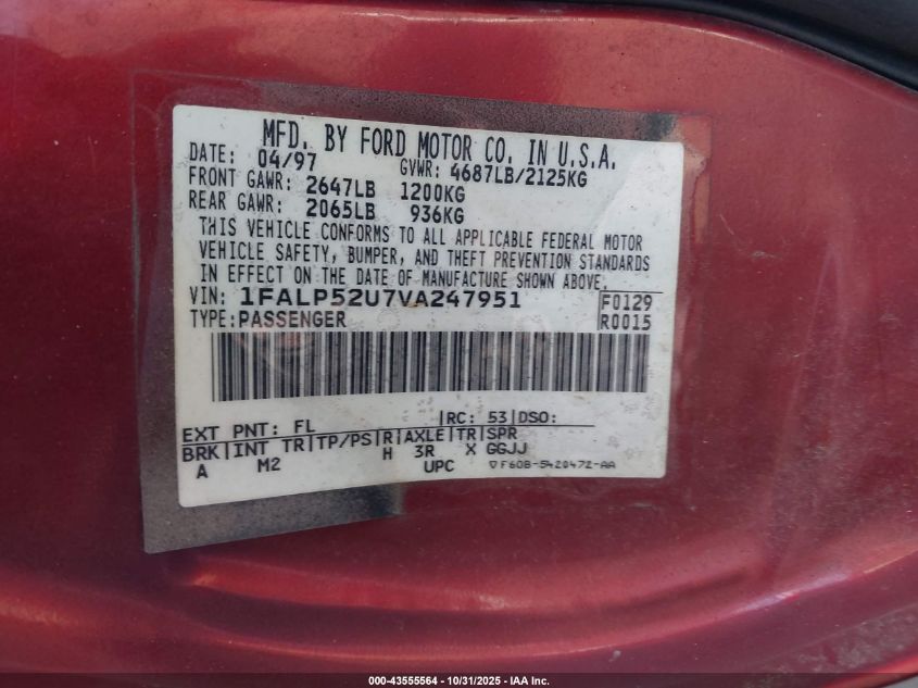 1997 Ford Taurus Gl VIN: 1FALP52U7VA247951 Lot: 43555564