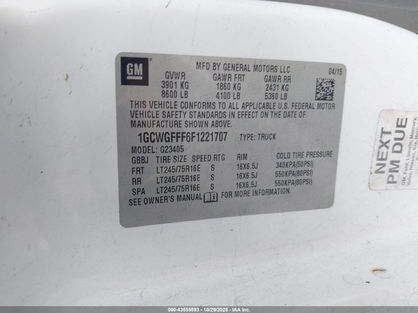 2015 Chevrolet Express 2500 Work Van VIN: 1GCWGFFF6F1221707 Lot: 43555593