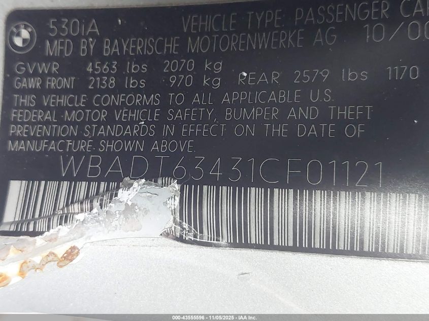 2001 BMW 530Ia VIN: WBADT63431CF01121 Lot: 43555596