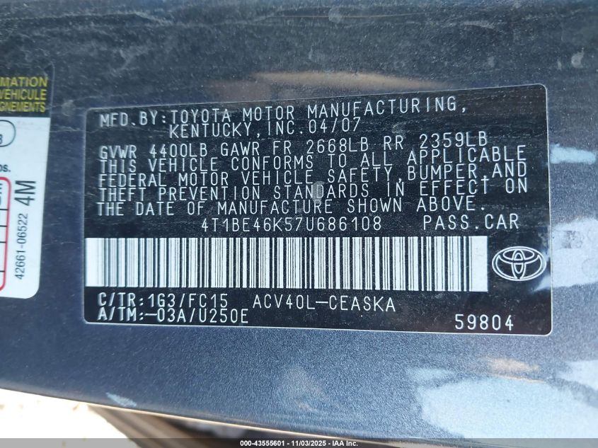 2007 Toyota Camry Se VIN: 4T1BE46K57U686108 Lot: 43555601