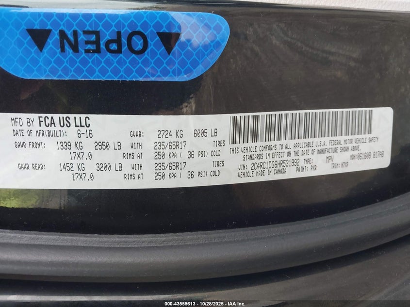 2017 Chrysler Pacifica Touring VIN: 2C4RC1DG6HR531992 Lot: 43555613