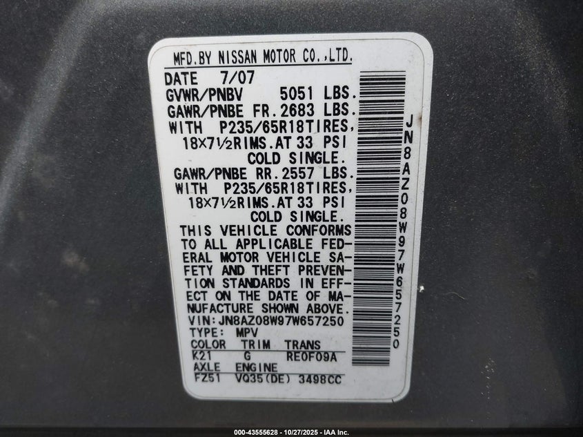 2007 Nissan Murano Se VIN: JN8AZ08W97W657250 Lot: 43555628