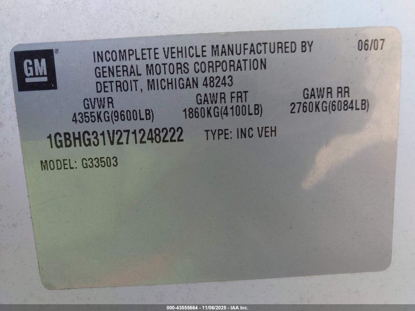 2007 Chevrolet Express Cutaway Work Van VIN: 1GBHG31V271248222 Lot: 43555664