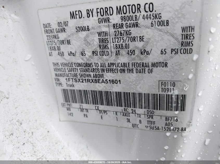 2008 Ford F-250 Fx4/Lariat/Xl/Xlt VIN: 1FTSX21RX8EA51601 Lot: 43555670