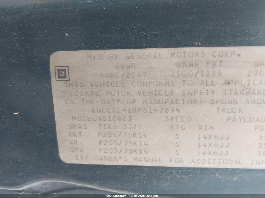 1993 Chevrolet S Truck S10 VIN: 1GCCS14Z8P8147894 Lot: 43555697