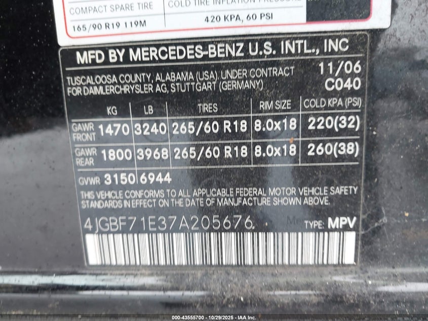 2007 Mercedes-Benz Gl 450 4Matic VIN: 4JGBF71E37A205676 Lot: 43555700