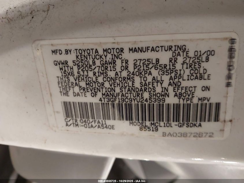 2000 Toyota Sienna Ce VIN: 4T3GF19C9YU245399 Lot: 43555725