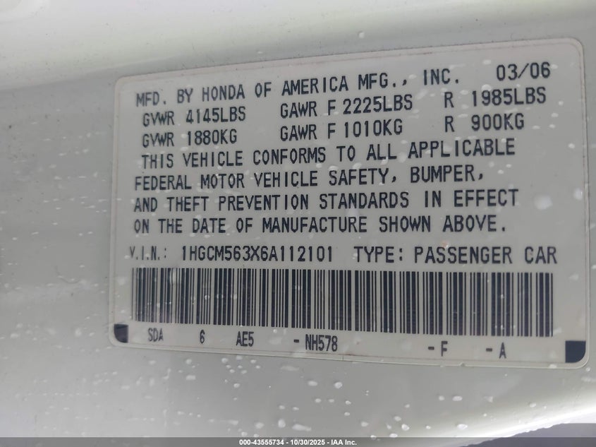 1HGCM563X6A112101 2006 HONDA ACCORD photo no. 9