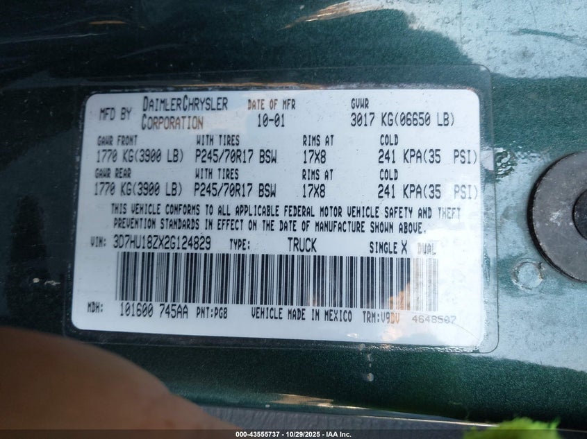 2002 Dodge Ram 1500 St VIN: 3D7HU18ZX2G124829 Lot: 43555737