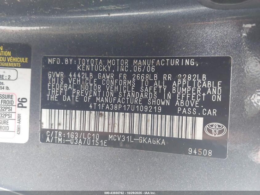 2007 Toyota Camry Solara Sle VIN: 4T1FA38P17U109219 Lot: 43555762