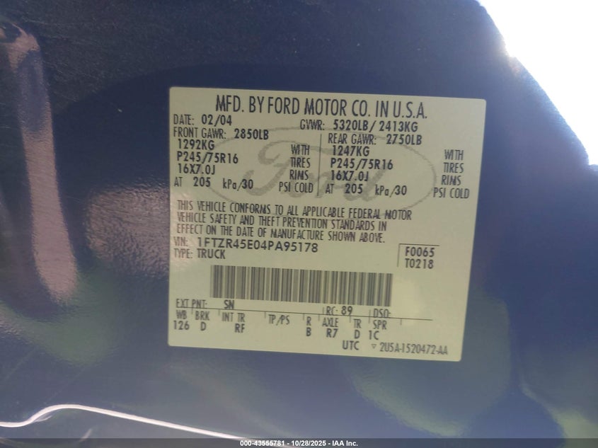 2004 Ford Ranger Edge/Tremor/Xlt VIN: 1FTZR45E04PA95178 Lot: 43555781