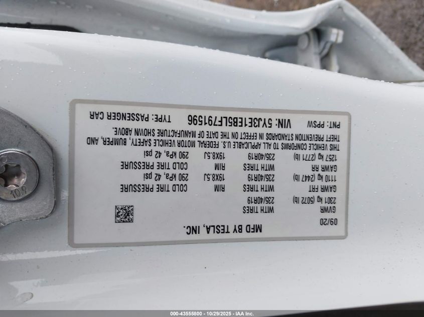 2020 Tesla Model 3 Long Range VIN: 5YJ3E1EB5LF791596 Lot: 43555800