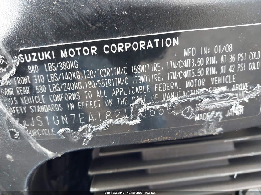 2008 Suzuki Gsx-R600 VIN: JS1GN7EA182100855 Lot: 43555813