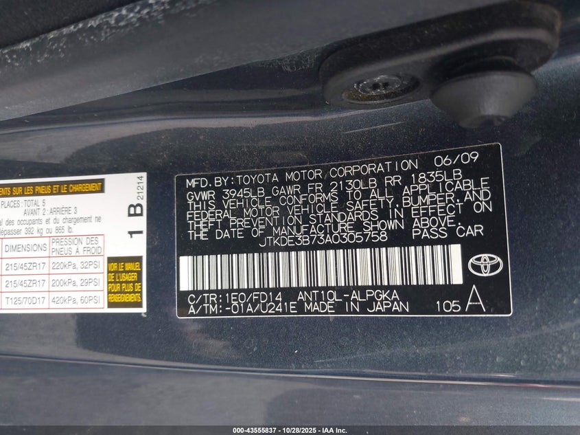 2010 Scion Tc VIN: JTKDE3B73A0305758 Lot: 43555837