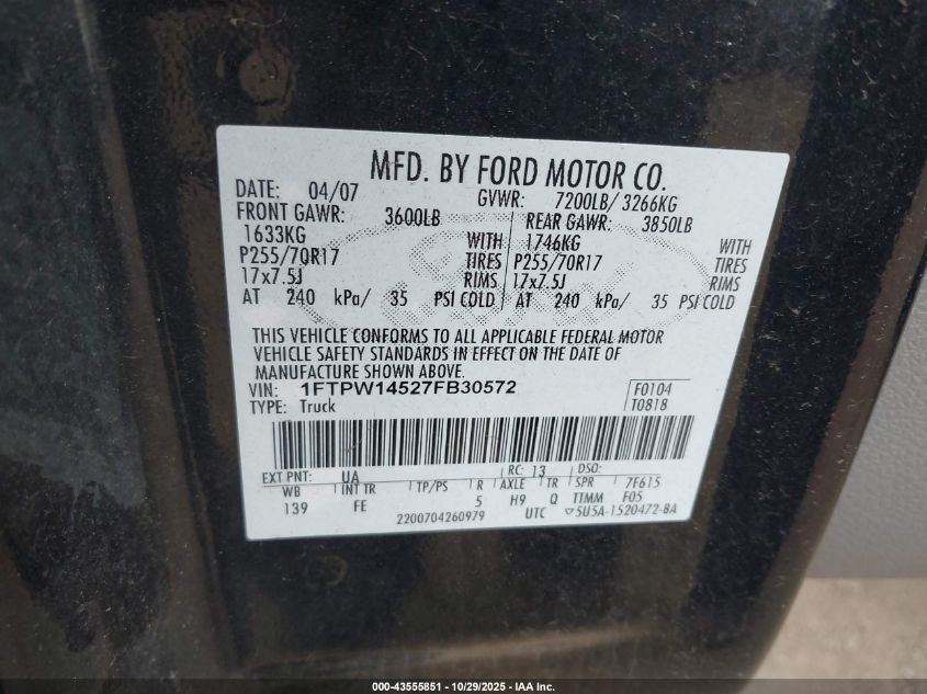 2007 Ford F-150 Fx4/Lariat/Xlt VIN: 1FTPW14527FB30572 Lot: 43555851
