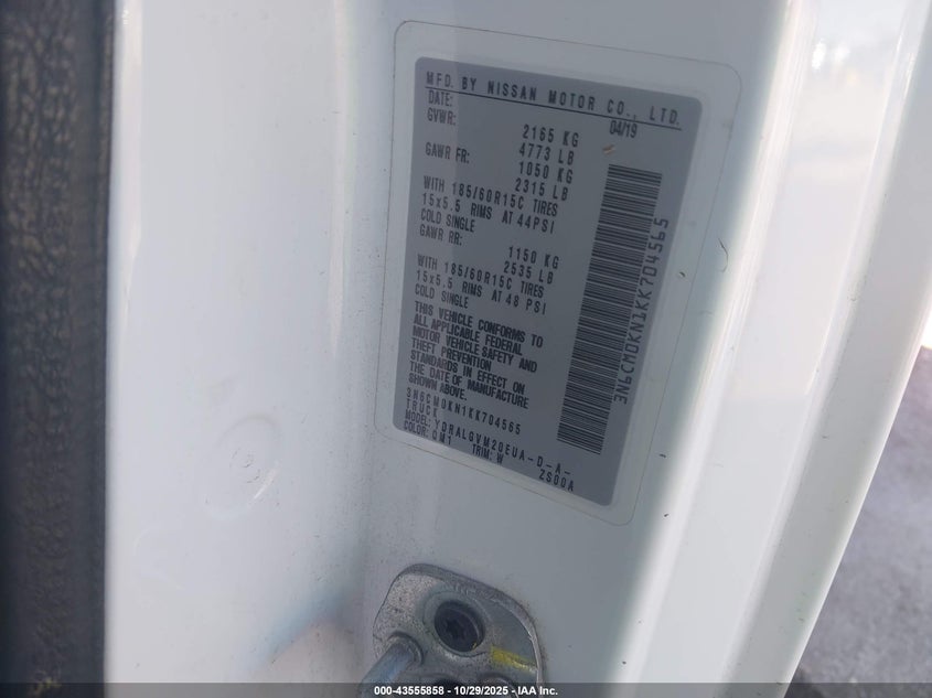 2019 Nissan Nv200 Sv VIN: 3N6CM0KN1KK704565 Lot: 43555858