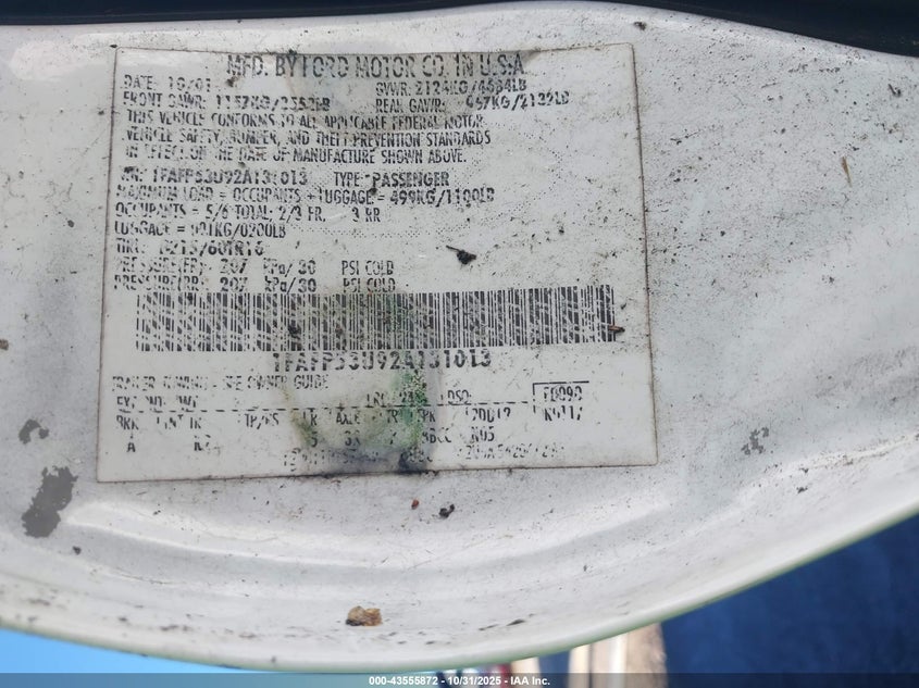 2002 Ford Taurus Se VIN: 1FAFP53U92A131013 Lot: 43555872