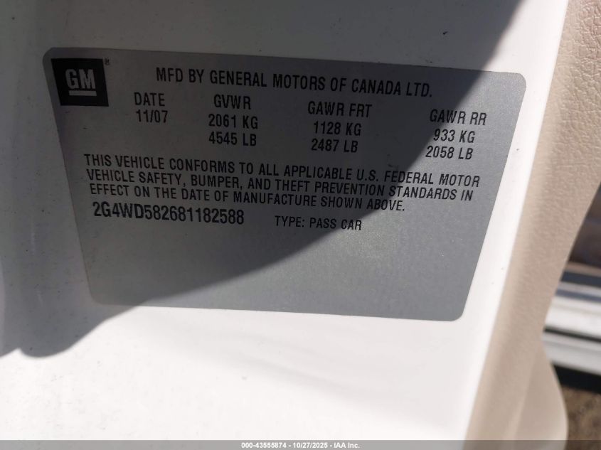 2008 Buick Lacrosse Cxl VIN: 2G4WD582681182588 Lot: 43555874