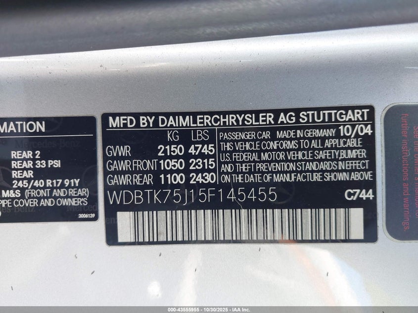 2005 Mercedes-Benz Clk 500 VIN: WDBTK75J15F145455 Lot: 43555955