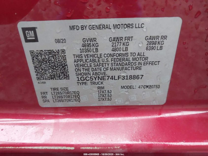 2020 Chevrolet Silverado 2500Hd 4Wd Standard Bed Lt VIN: 1GC5YNE74LF318867 Lot: 43555969