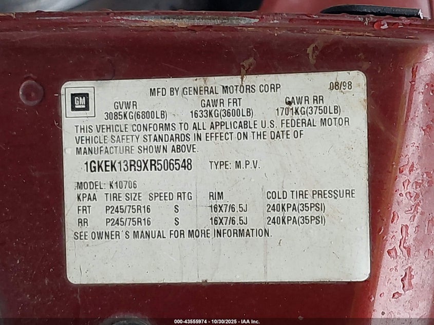 1999 GMC Yukon Slt Cmi VIN: 1GKEK13R9XR506548 Lot: 43555974