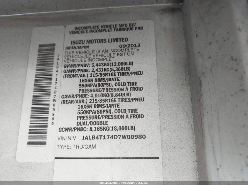 2013 Isuzu Commercial Van VIN: JALB4T174D7W00980 Lot: 43555988