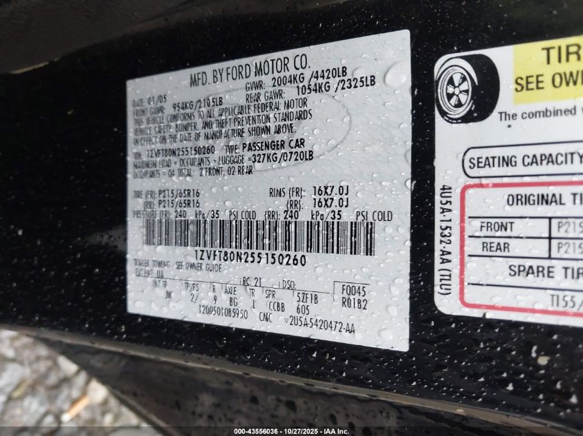 2005 Ford Mustang V6 Deluxe/V6 Premium VIN: 1ZVFT80N255150260 Lot: 43556036