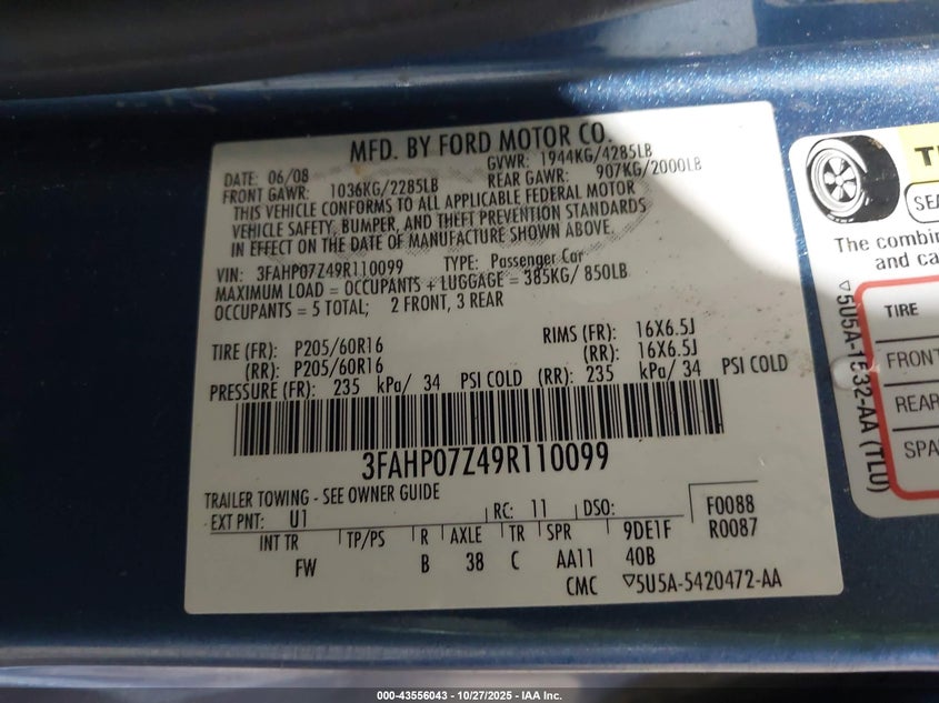 2009 Ford Fusion Se VIN: 3FAHP07Z49R110099 Lot: 43556043