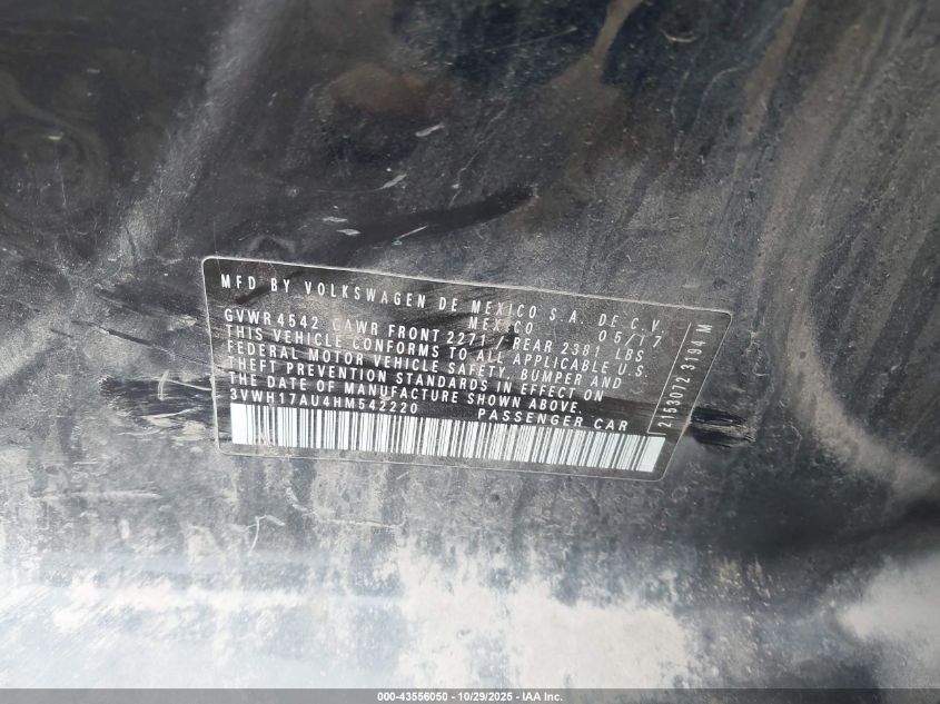 2017 Volkswagen Golf Alltrack Tsi S/Tsi Se/Tsi Sel VIN: 3VWH17AU4HM542220 Lot: 43556050