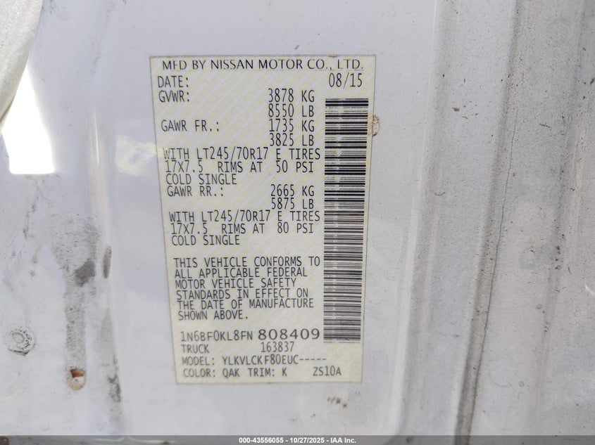 2015 Nissan Nv Cargo Nv1500 S V6 VIN: 1N6BF0KL8FN808409 Lot: 43556055