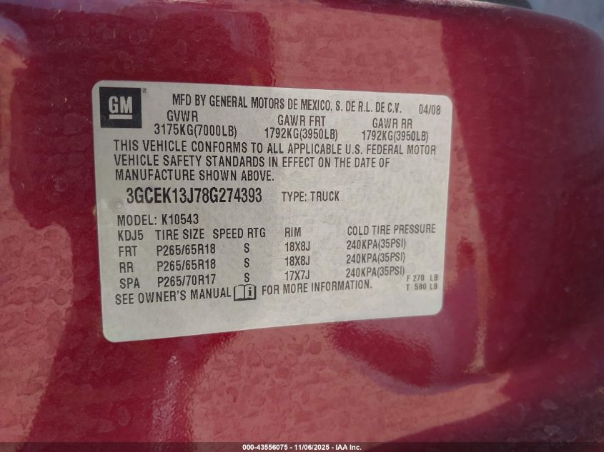 2008 Chevrolet Silverado K1500 VIN: 3GCEK13J78G274393 Lot: 43556075