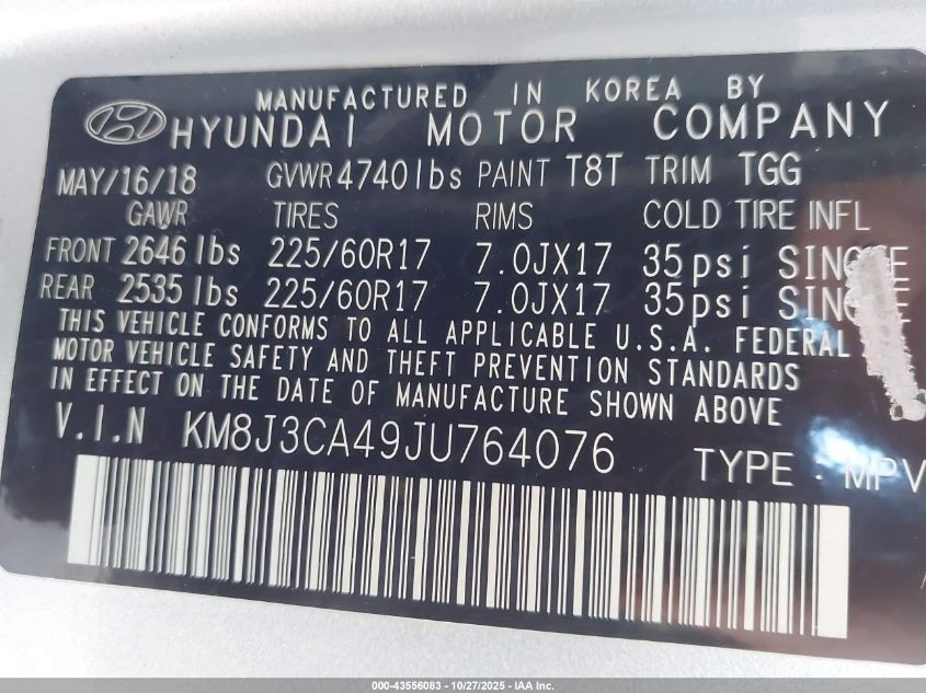 2018 Hyundai Tucson Sel VIN: KM8J3CA49JU764076 Lot: 43556083