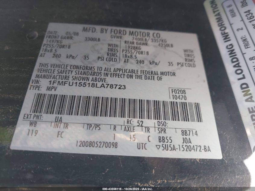 2008 Ford Expedition Xlt VIN: 1FMFU15518LA78723 Lot: 43556116