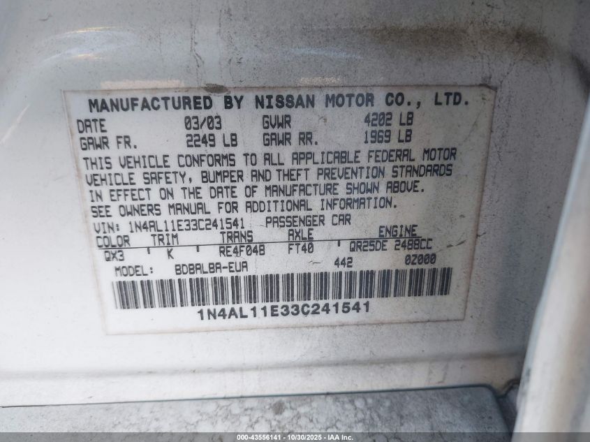 2003 Nissan Altima 2.5 S VIN: 1N4AL11E33C241541 Lot: 43556141