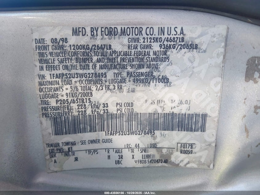 1998 Ford Taurus Lx/Se VIN: 1FAFP52U3WG278495 Lot: 43556156