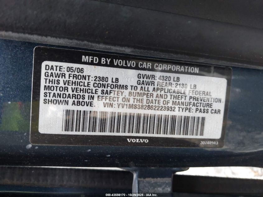 2006 Volvo S40 2.4I VIN: YV1MS382862223932 Lot: 43556170