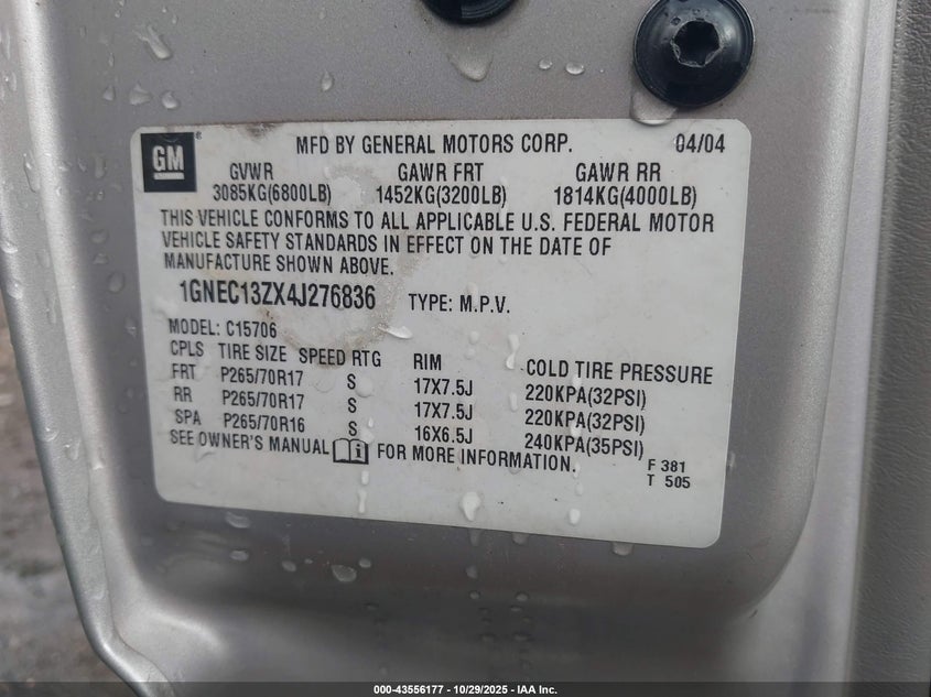 2004 Chevrolet Tahoe Lt VIN: 1GNEC13ZX4J276836 Lot: 43556177