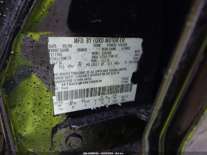 2008 Ford F-250 Xlt VIN: 1FTSW21518ED66836 Lot: 43556183