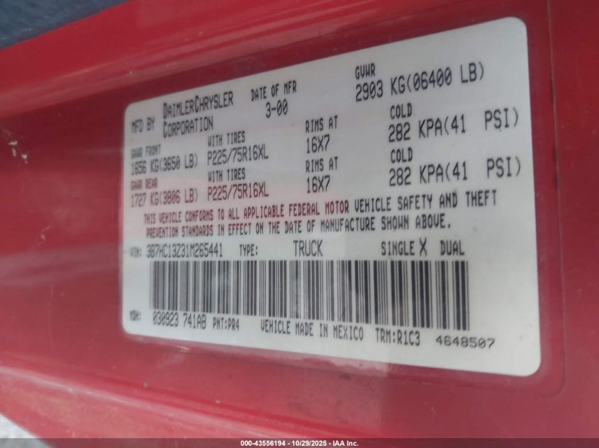 2001 Dodge Ram 1500 St VIN: 3B7HC13Z31M265441 Lot: 43556194