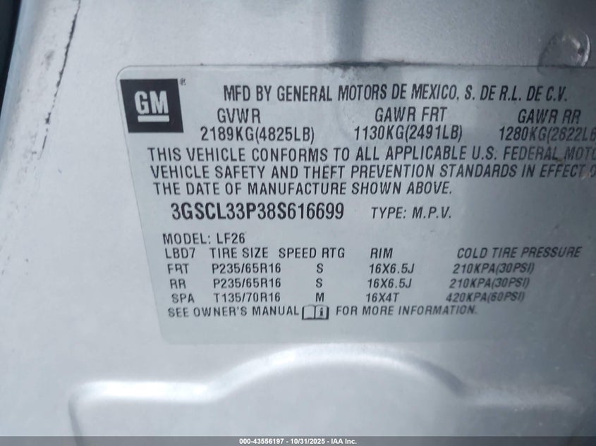 2008 Saturn Vue 4-Cyl Xe VIN: 3GSCL33P38S616699 Lot: 43556197